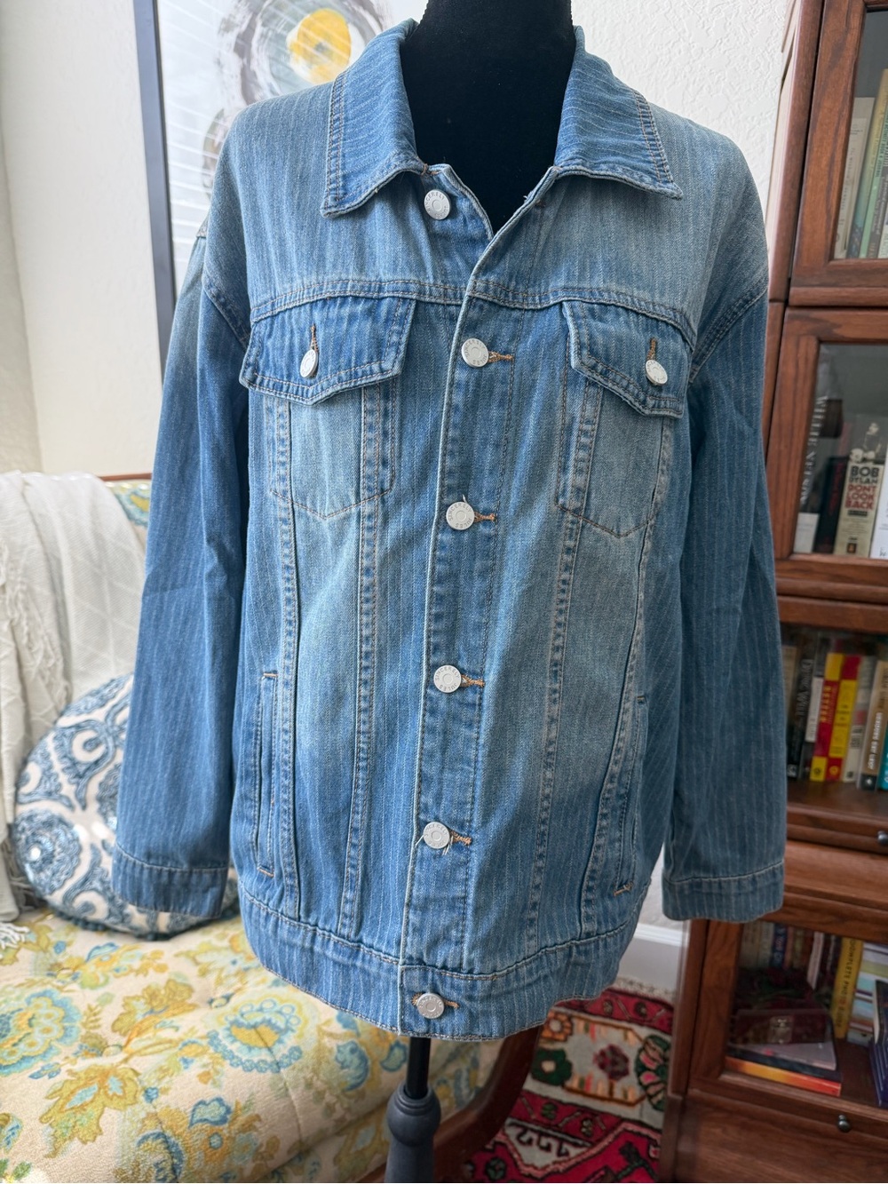 Sincerely Jules Pinstripe Denim Trucker Jacket Medium Oversized Blue Jean